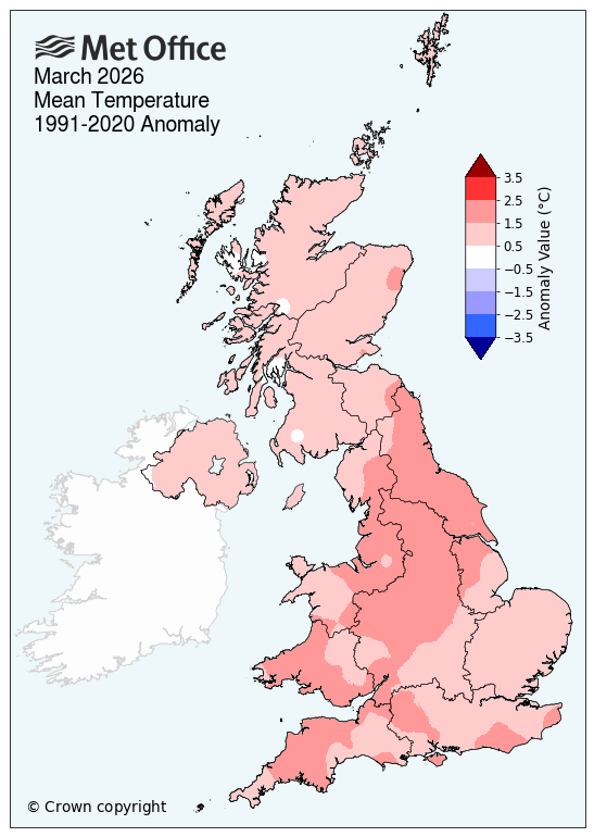 Map showing mean temperatures for March 2026