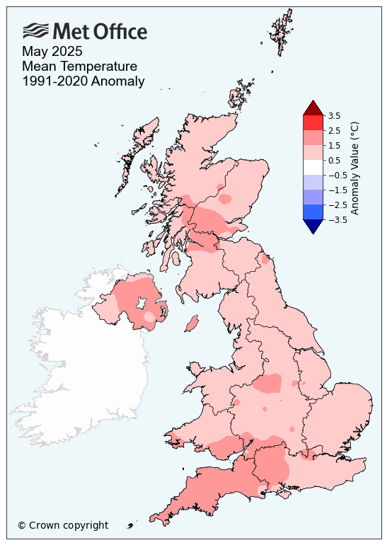 Map showing mean temperature for May 2025