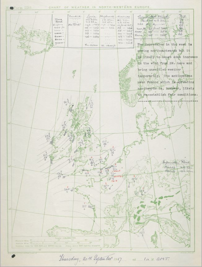 Synoptic chart for 20 September 1917 when the Battle of the Menin Road Ridge began