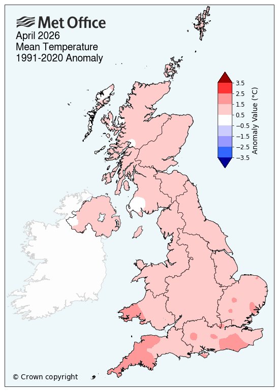 April 2026 mean temperature map. 1981-2020 anomaly