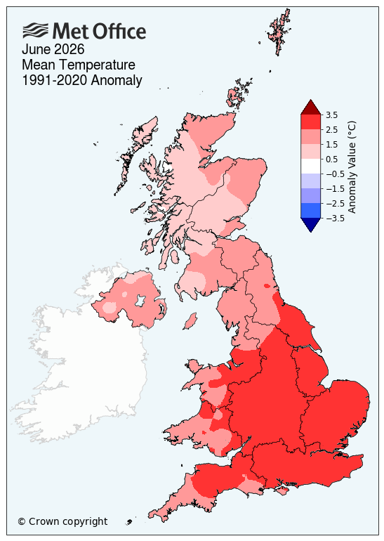 UK map showing mean temperature for June 2026
