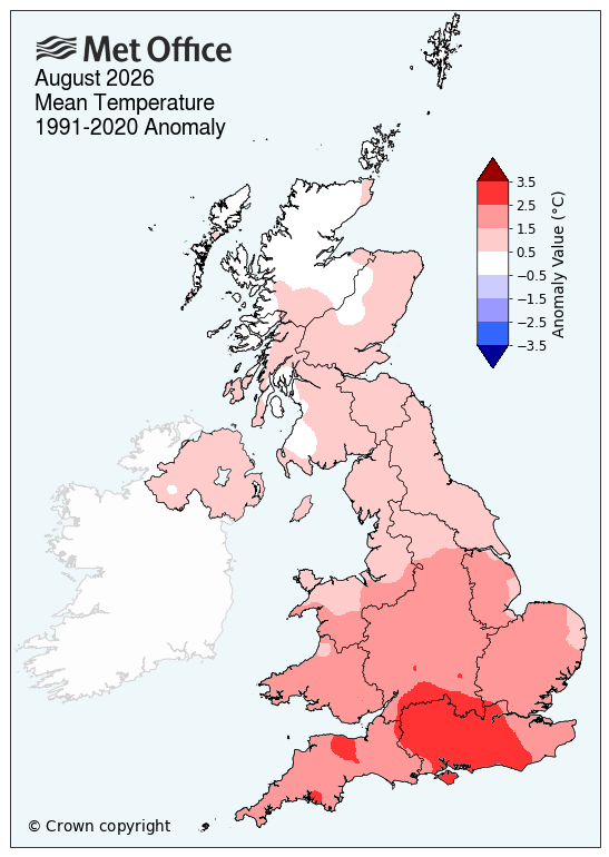 Map of August mean temperature showing the south of the UK particularly above average. 