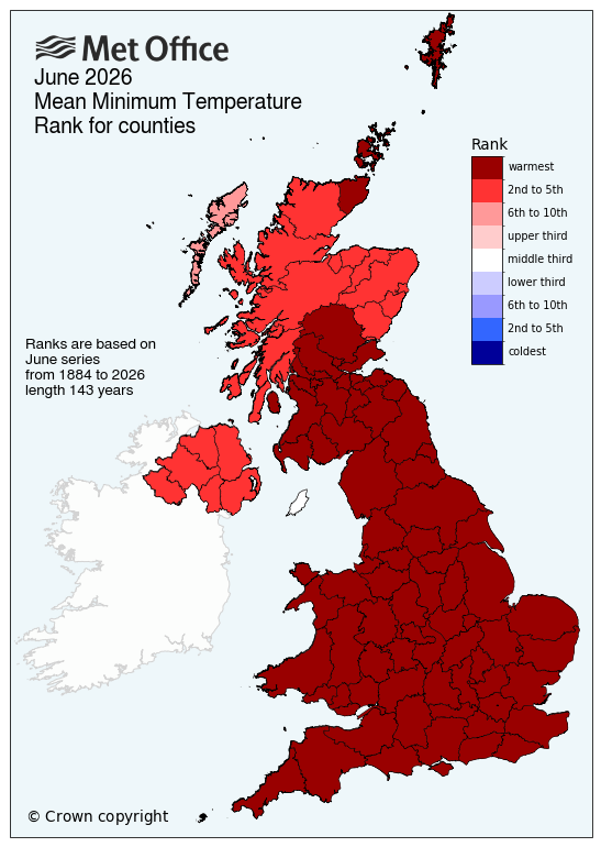 This map ranks June 2026's average minimum temperature against every previous June for each county, using records back to 1884. 