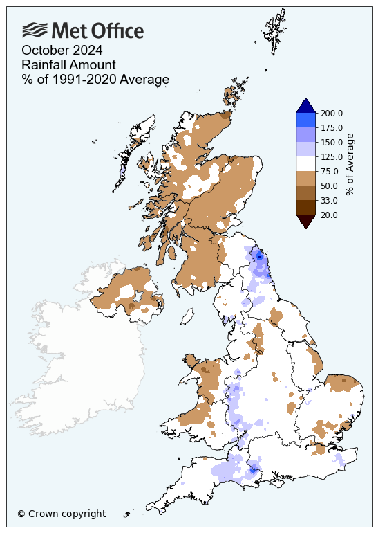 Map of the UK showing rainfall compared to average for October 2024. Much of Scotland, Northern Ireland and large parts of Wales are in brown indicating drier than average October. Most of England was around average for monthly rainfall indicated by white, though pockets of higher totals shown in blue were seen in parts of the south, West Midlands and far northeast.