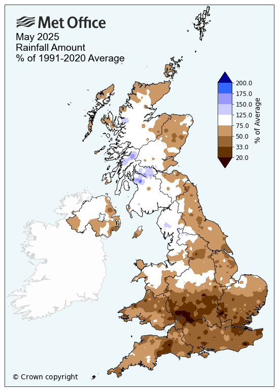 Map showing May rainfall 2025 for the UK