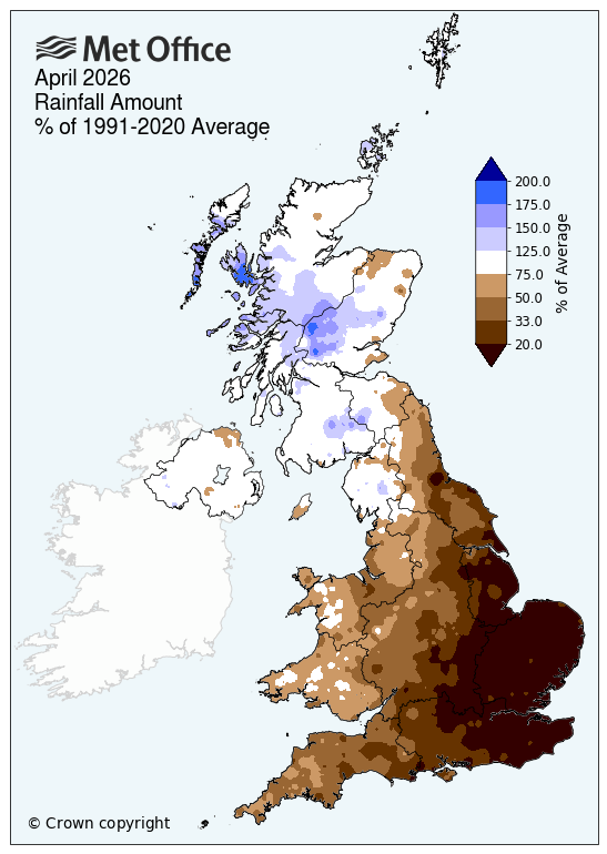 April 2026 rainfall amount anomaly map. % of 1991-2020 average
