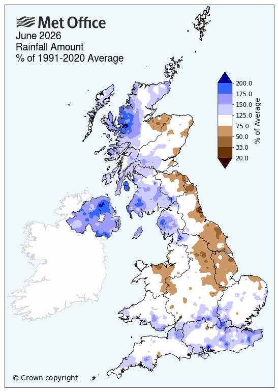 Map showing average rainfall across UK in June 2026