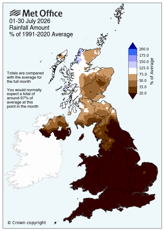 Map showing average rainfall until 30 July for the UK, showing southern England extremely dry