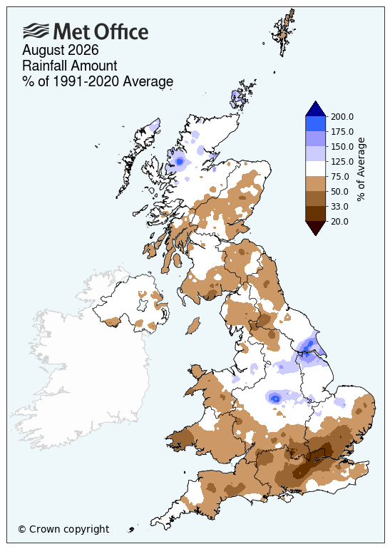 Map of the UK August rainfall showing southern England and Wales below average.