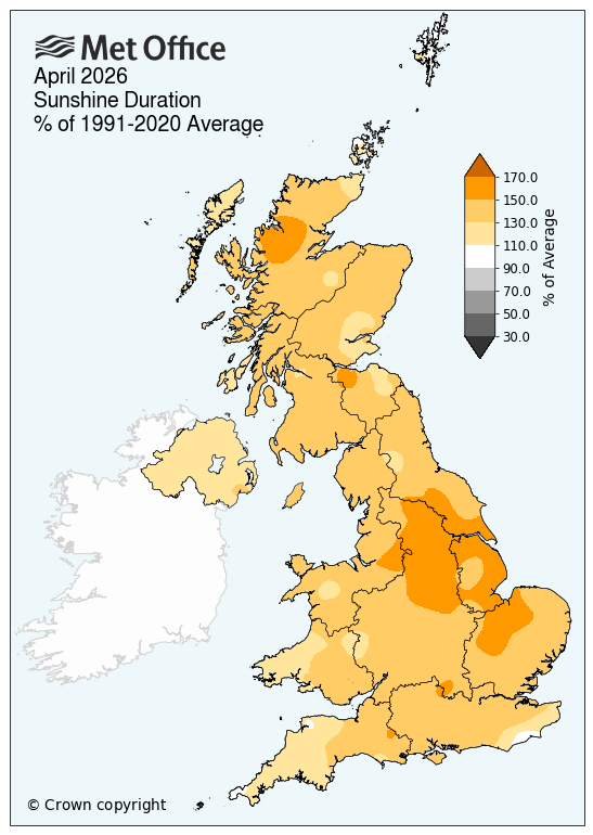 April 2026 sunshine duration map. % of 1991-2020 average