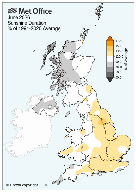 Map showing average sunshine across the UK for June 2026