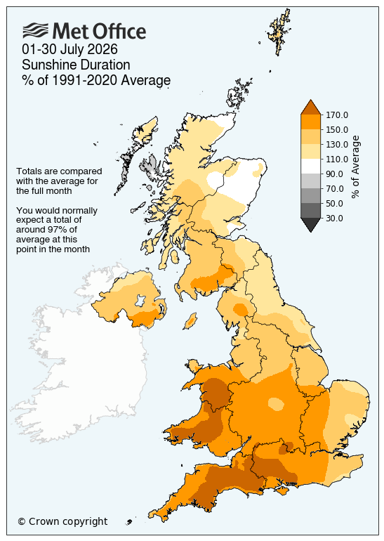 Map showing sunshine hours for 1 July until 30 July for the UK, showing southern England and parts of Wales particularly sunny