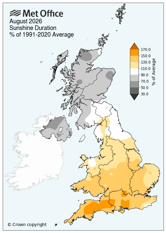 Map of the UK showing England and Wales above average sunshine, while Scotland and Northern Ireland were below average. 
