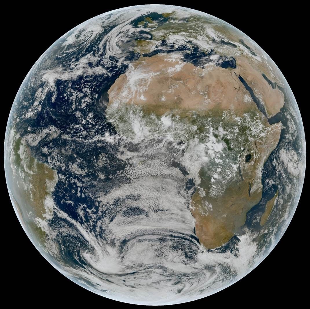 MTG Flexible Combined Imager True Colour image of the earth from space. A highly detailed image with the dark background of space.