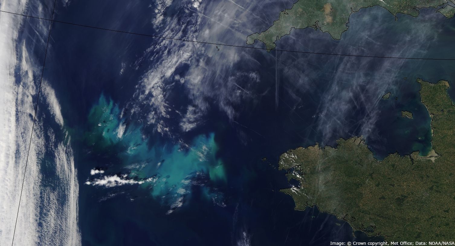 True colour satellite image showing phytoplankton bloom in the Atlantic