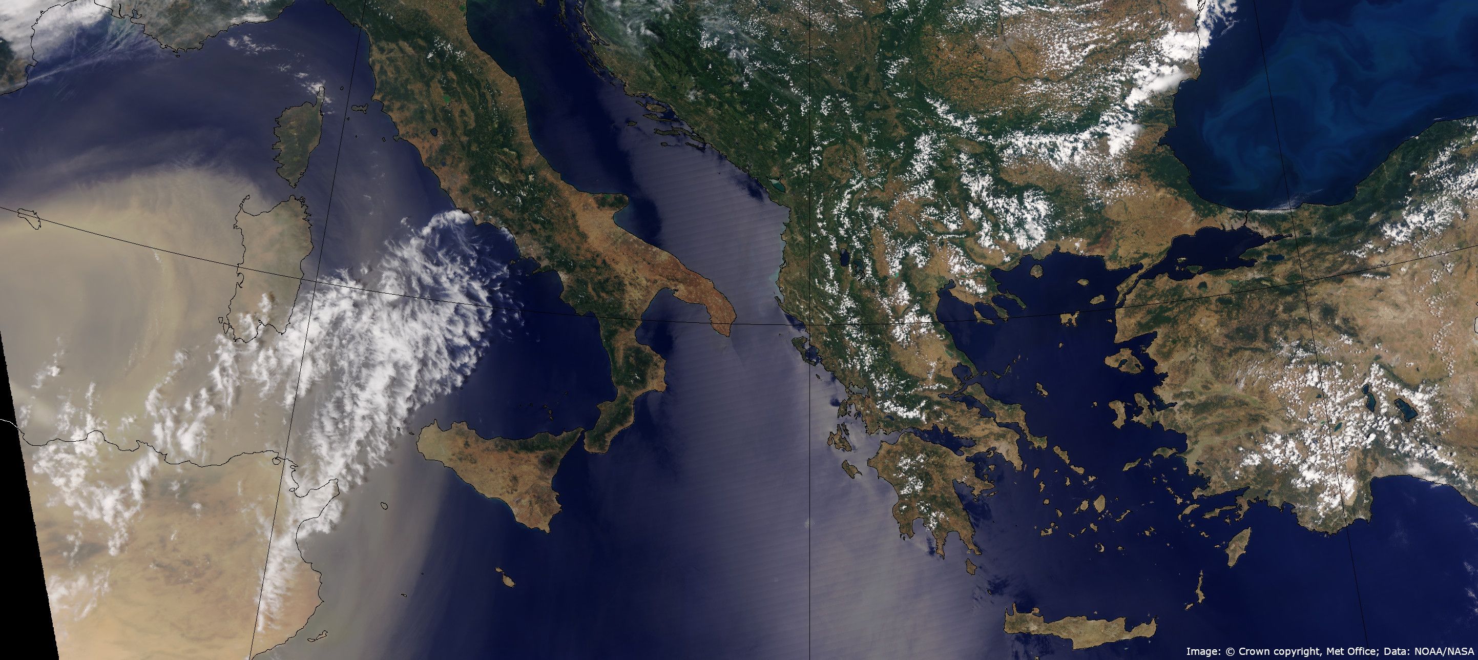 True colour satellite image showing dust advecting over the Mediterrnean