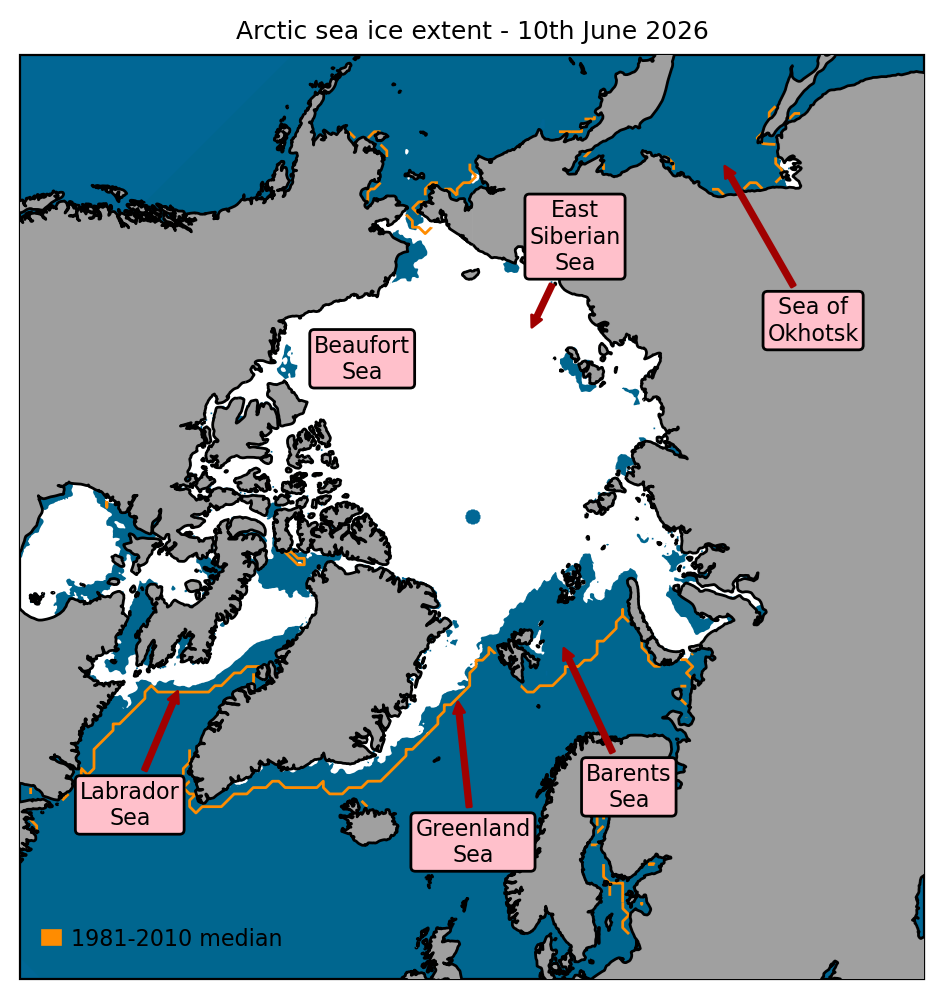 Arctic sea ice extent on 10th June 2026, with 1981-2010 average extent indicated in orange, and the regions referred to in the text labelled. Data are from EUMETSAT OSI SAF (Tonboe et al., 2017).
