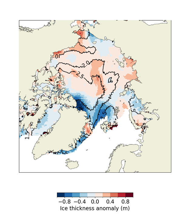Sea ice thickness anomaly for March 2026 relative to the 2011-2025 average according to CryoSat-2 radar altimeter observations. Contour lines of March 2026 mean ice thickness are overlaid.
