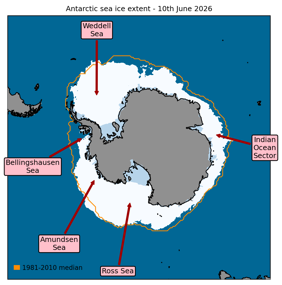 Antarctic sea ice extent on 10th June 2026, with 1981-2010 average extent indicated in orange, and with regions referred to in the text labelled. Data are from EUMETSAT OSI SAF (Tonboe et al., 2017).