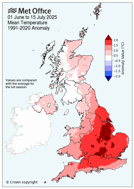 Summer so far mean temperature for the UK