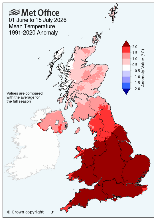 This map shows mean temperature compared with the average for the full season.  