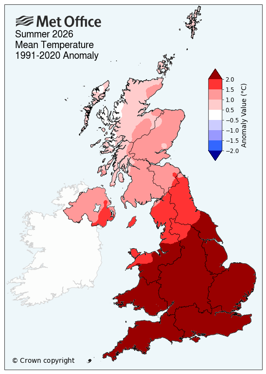 Map of the UK showing summer mean temperature for summer 2026. The whole of the UK is above average, with England and Wales particularly high.