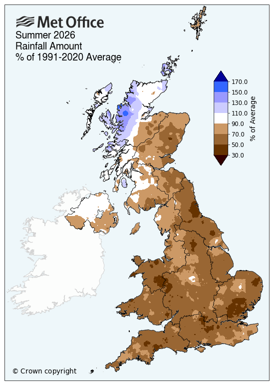 Map of the UK showing rainfall for summer 2026, much of the UK is below average, with just northwest Scotland above average. 