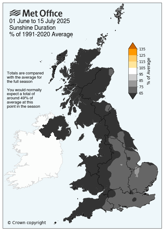 Map showing sunshine for the UK so far this summer