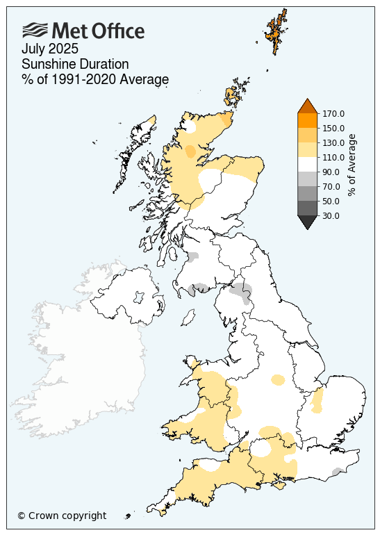 UK map showing July sunshine