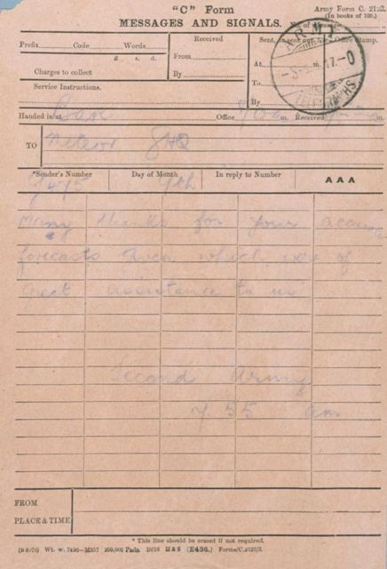 A telegram of thanks for accurate weather forecasting, from a senior allied commander to Meteor&nbsp;