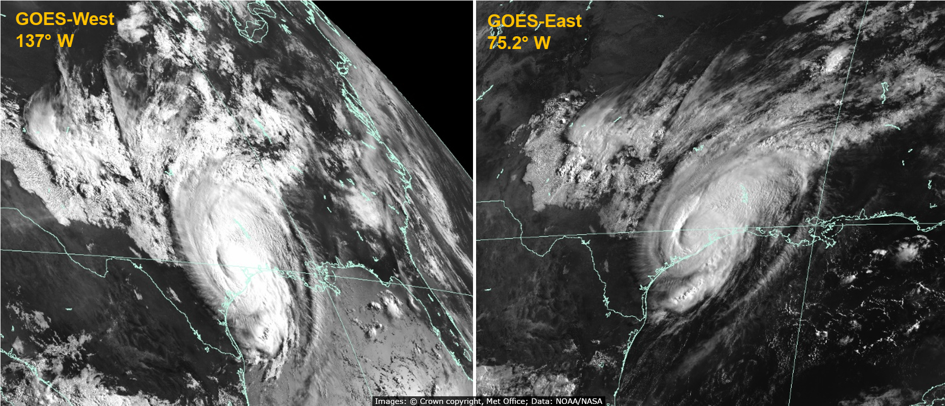 Two satellite views of Hurricane Beryl from geostationary orbit