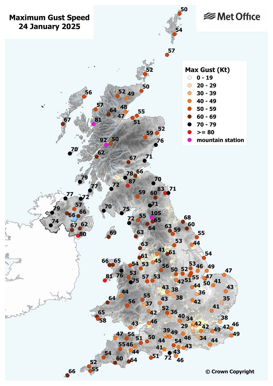 The map below shows maximum gust speeds on 24 January 2025 from Storm Éowyn.