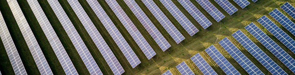 Rows of solar panels in a solar farm