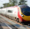 Intercity train moving at speed.