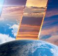 Stylised image of different types of weather above the earth globe.