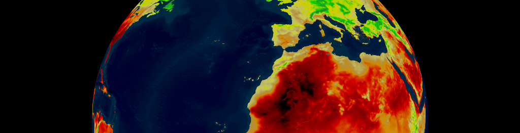 The Earth globe viewed from space and showing land masses in different colours according to temperature, from blue to red.