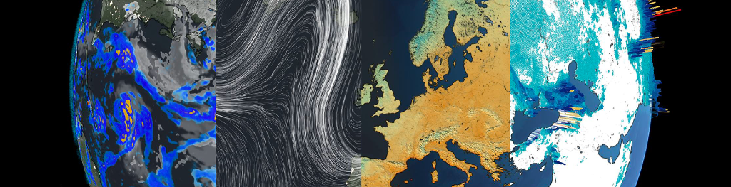 a globe split in four sections showing different visualisations of weather through visual cortex like rain and temperatures