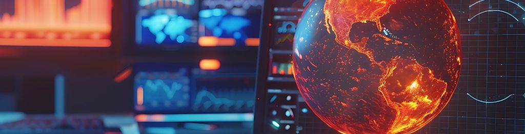 laptop with a globe on screen and science data on screens in the background