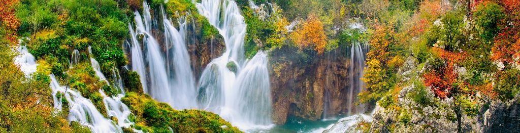 Waterfalls in the sunshine in Plitvice National Park, Croatia