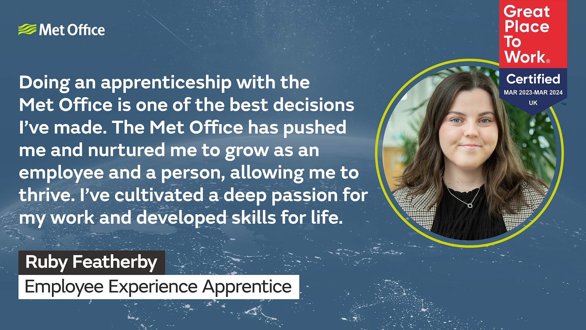 Graphic showing a quote from Ruby Featherby about her experience of doing an apprenticeship with the Met Office, accompanied by a head and shoulders photo