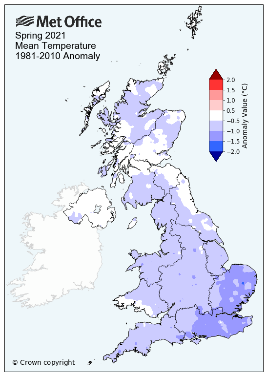 Map showing below average mean temperatures across the UK for Spring 2021
