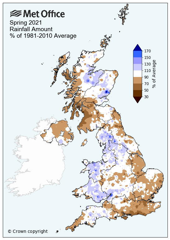 Map showing near-average rainfall amounts across the UK for Spring 2021