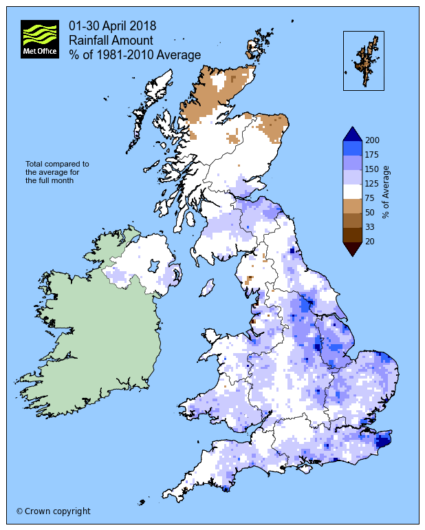 Map of the UK showing the rainfall amount across the UK in April 2018, as a percentage of the 1981-2010 average. Many areas had above average rainfall in this period, with some parts of central and eastern England reporting more than 150% of the average. Only northern Scotland had significantly less rainfall than average, recording between 50 and 70% of the average.