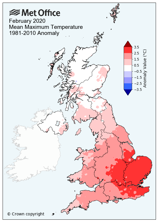 Map showing the mean maximum temperature across the UK in February 2020, compared to the 1981-2010 average. England and Wales report an anomaly value of between 0.5 and 1.5 °C, with parts of south east and east England reporting an anomaly value of between 2.5 and 3.5 °C.
