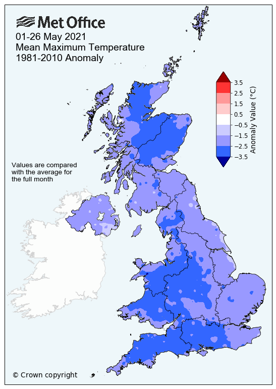 Map showing below average temperatures across the UK for the month of May