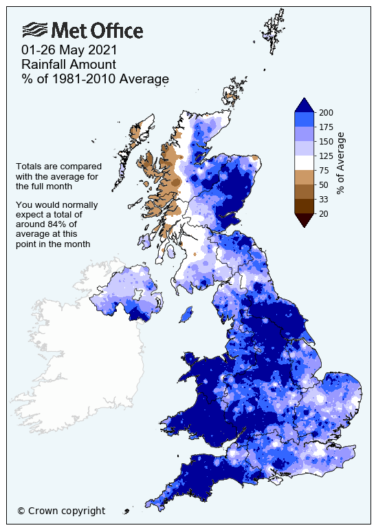 Map showing heavy rainfall across the UK for May 2021