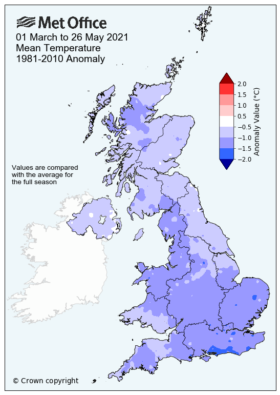Map showing cool Spring mean temperatures for 2021