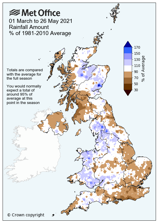 Map showing around average rainfall for the UK for Spring