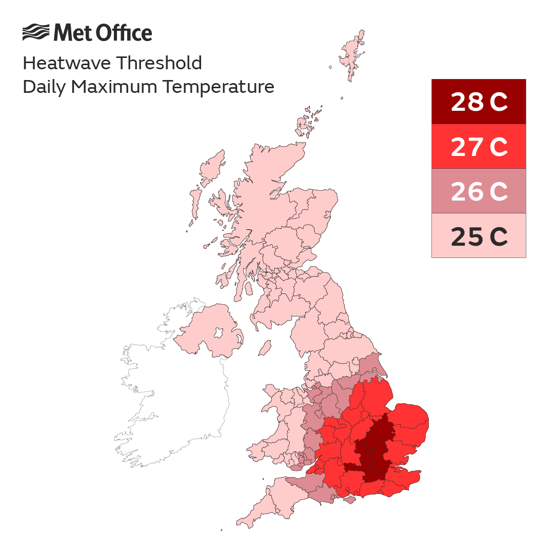Heatwave threshold map of the UK. The map shows the heatwave threshold is 28C in London and surrounding areas, gradually decreasing to 25C for the wider UK.