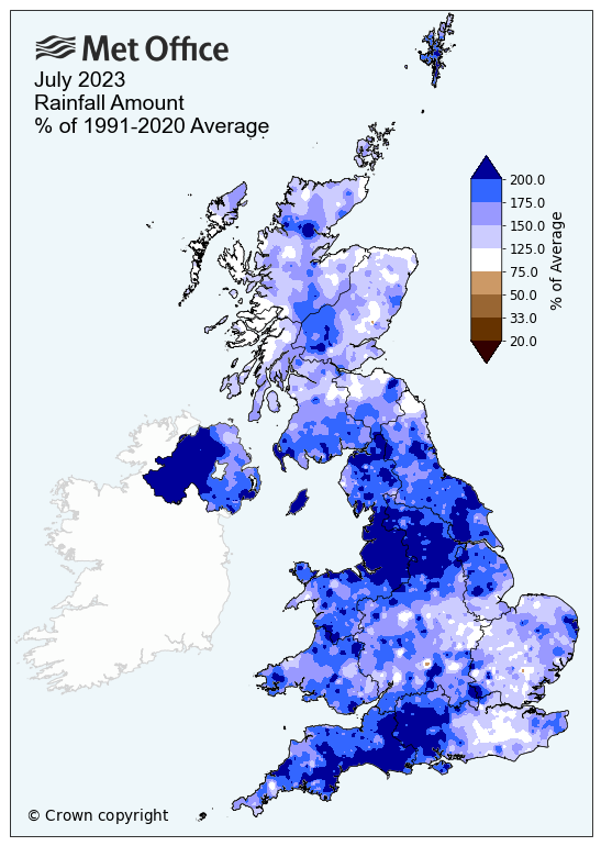 Map of the UK's rainfall compared to average for July 2023. The map shows a much wetter than average month.